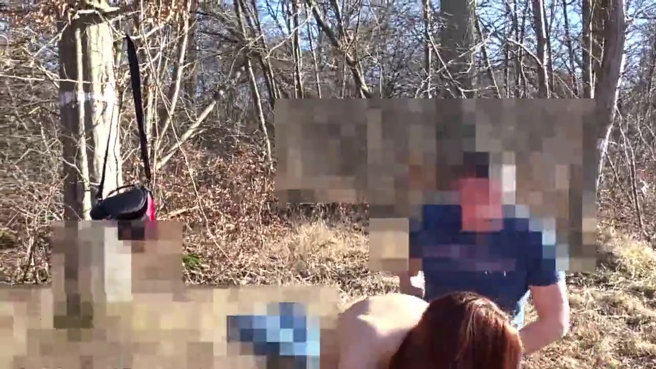 Two total strangers make outdoor sex in front of camera in the forest photo