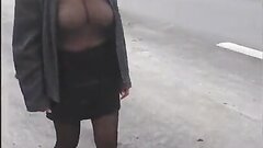 Lustful middle-aged French housewife walking semi naked outdoor and flashing nude